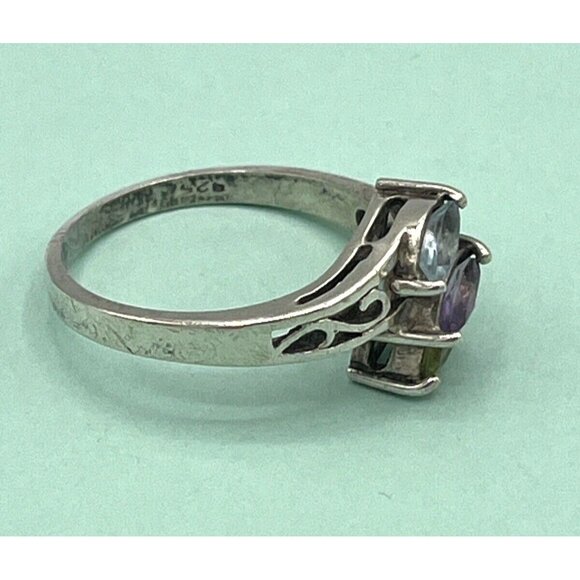 Vintage 925 Silver Three Stone Marquis Ring Peridot Topaz Amethyst Size 9.75 - Picture 3 of 6